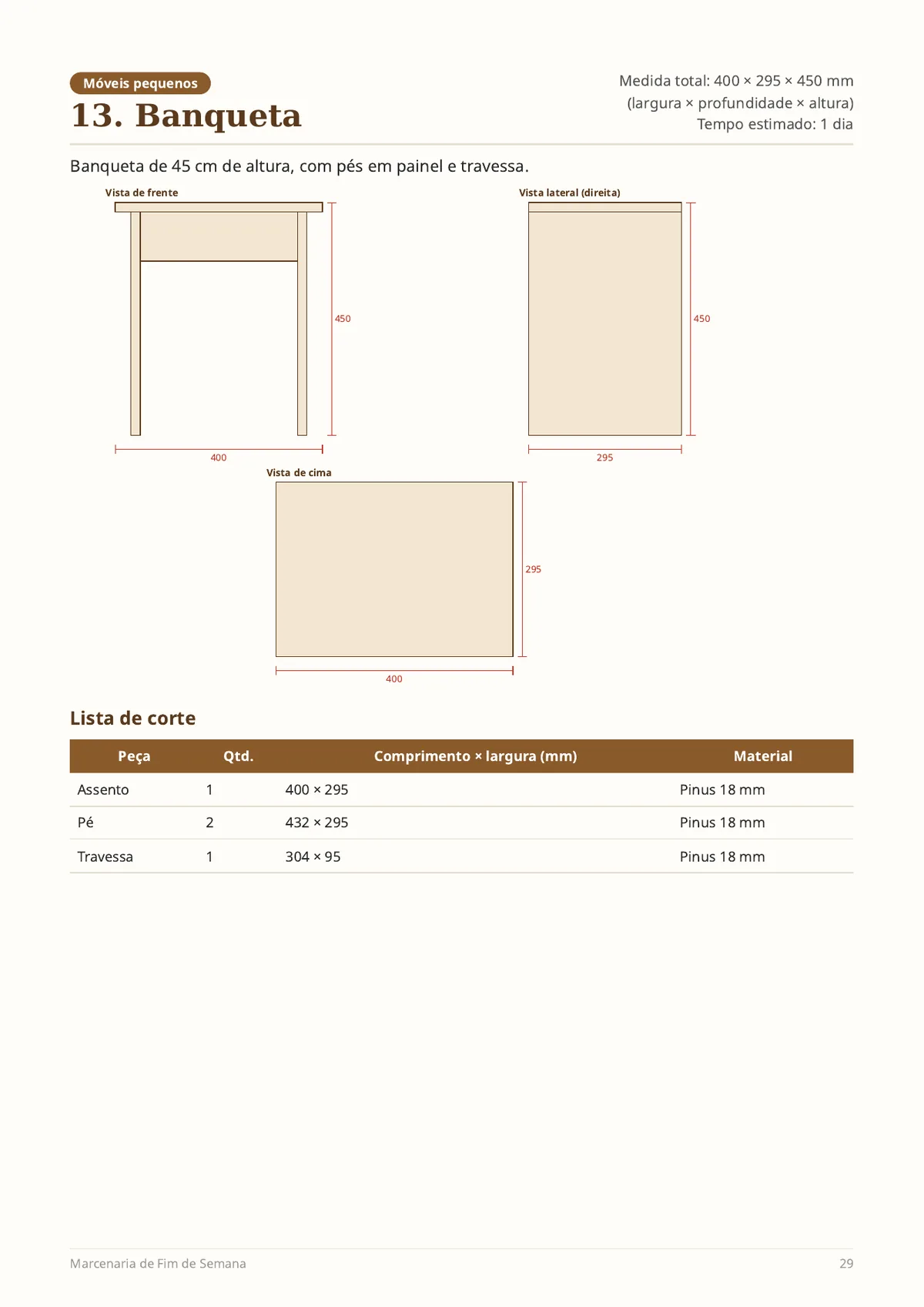 Página real do PDF Marcenaria de Fim de Semana: desenho cotado da banqueta