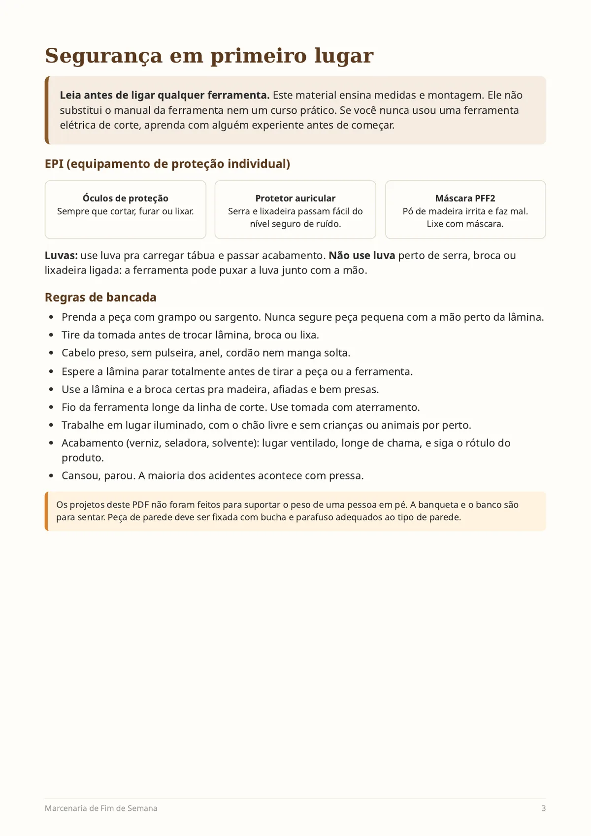 Página real do PDF Marcenaria de Fim de Semana: segurança em primeiro lugar