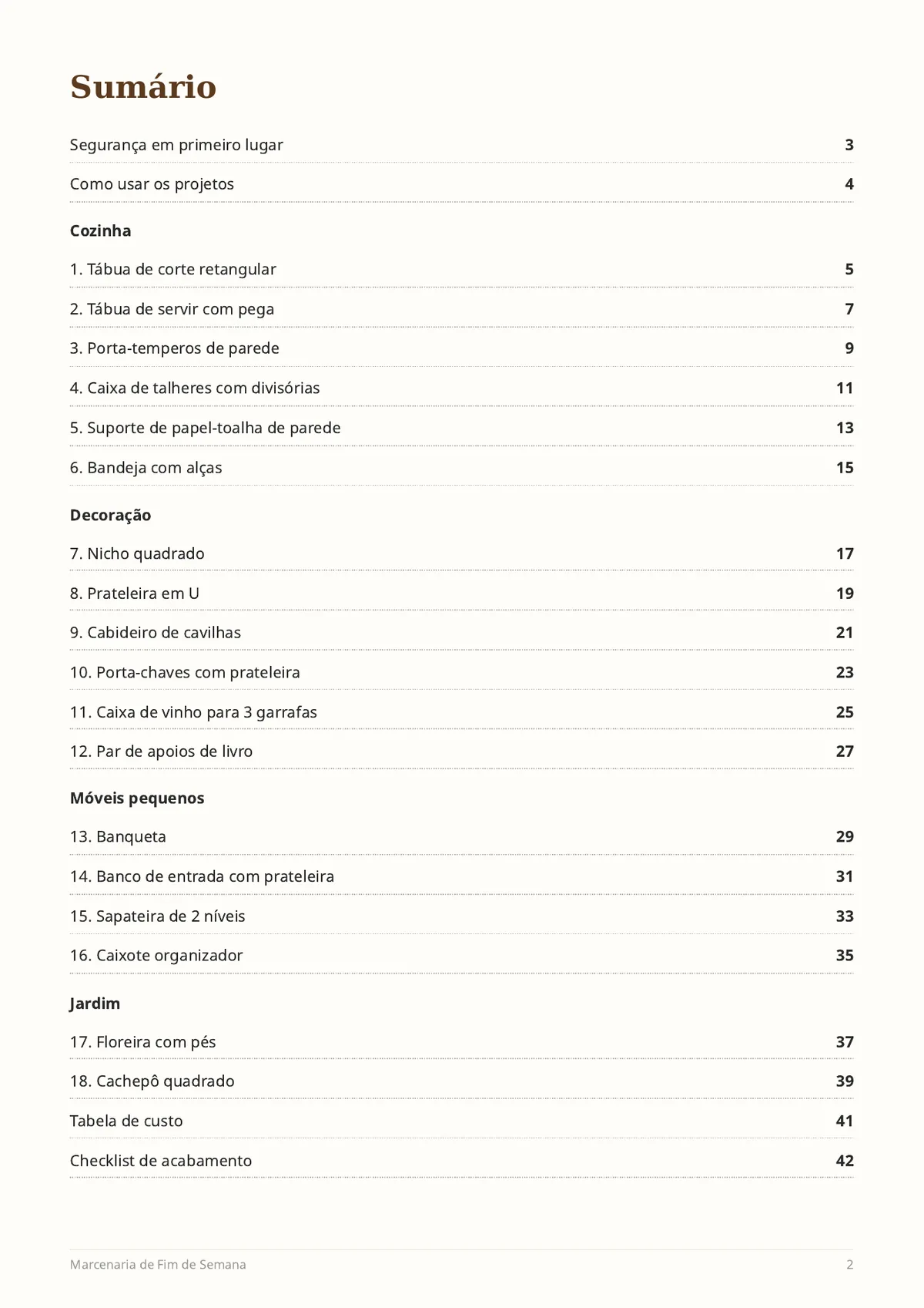 Página real do PDF Marcenaria de Fim de Semana: sumário